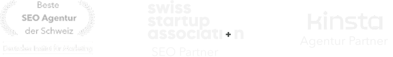 Ein Logo im Badge-Stil mit der Aufschrift "Beste SEO Agentur der Schweiz" und darunter der Hinweis "Gewählt durch Privatkunden.ch".